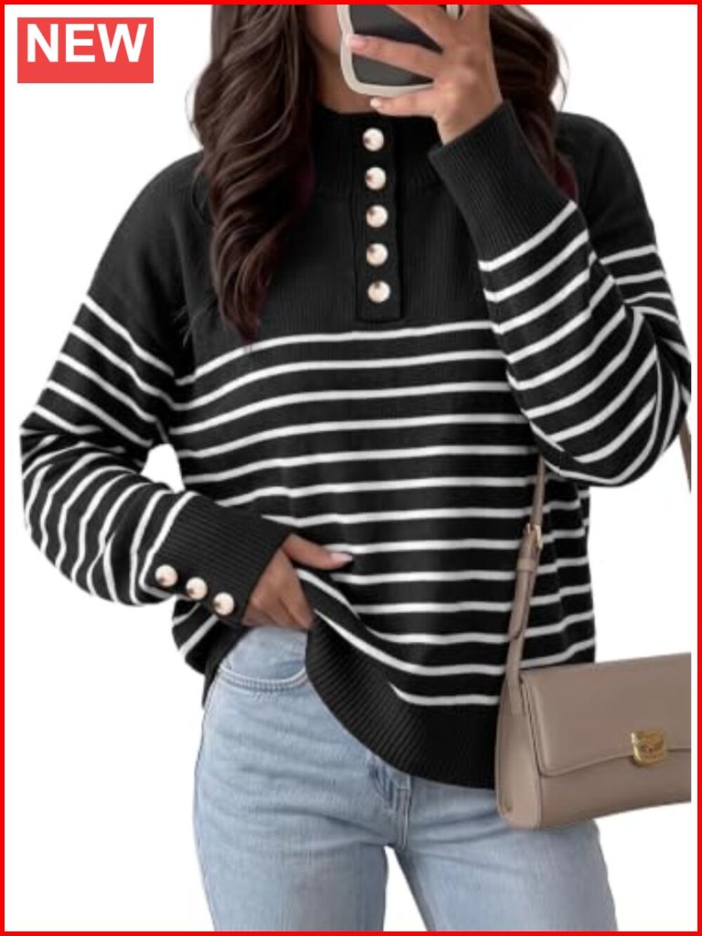 Oversized Striped Pullover Sweater Half Button Long Sleeve Viscose Knit